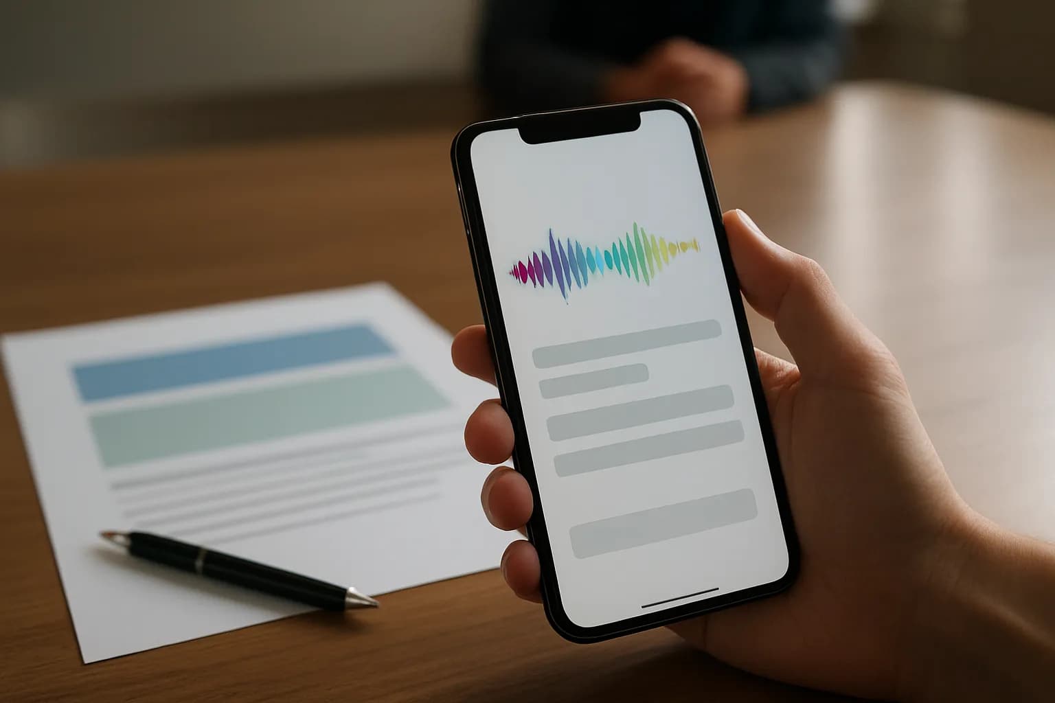 Hand holding a phone over a printed document on a meeting table