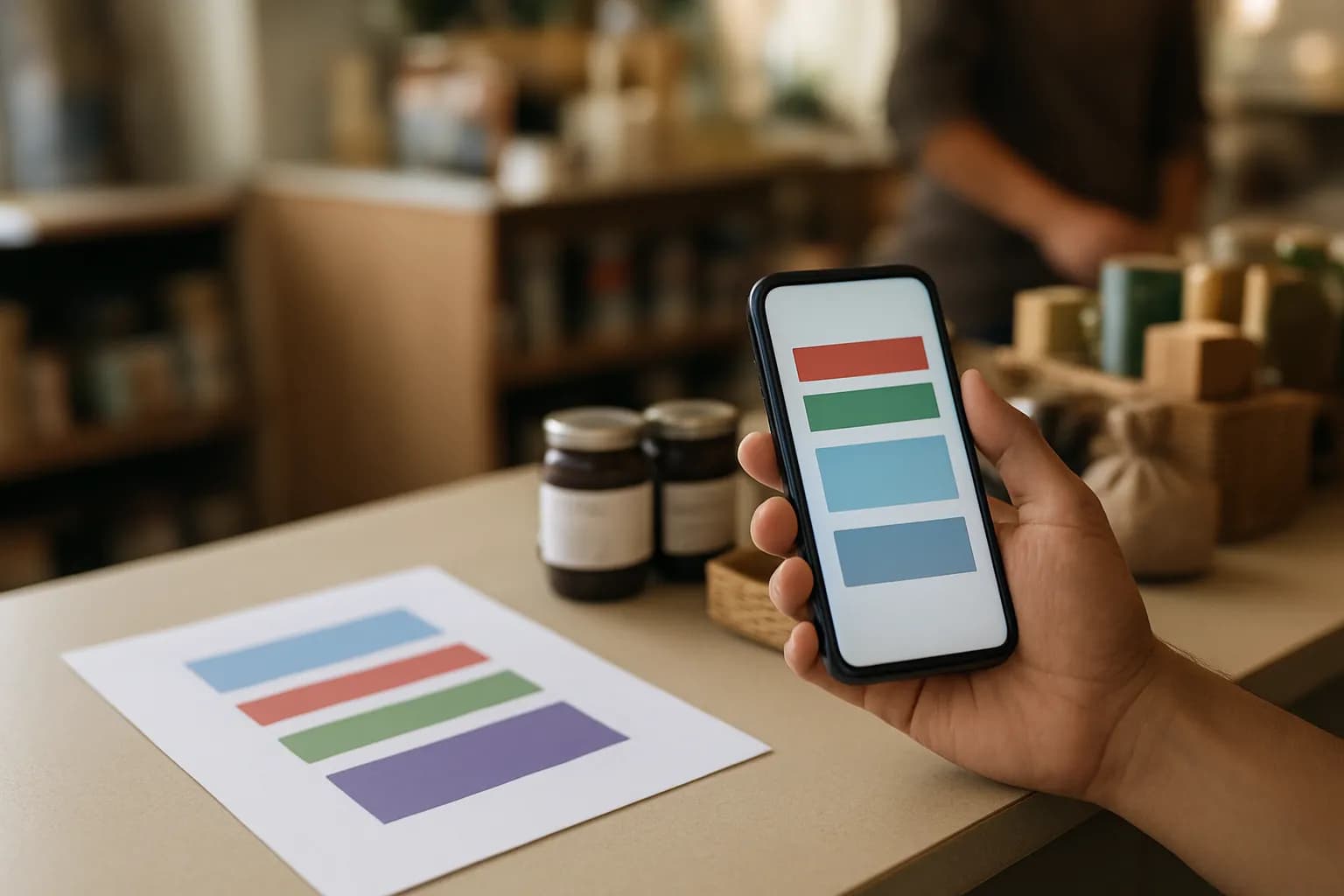 Hand holding a phone beside products and a campaign brief at a shop counter