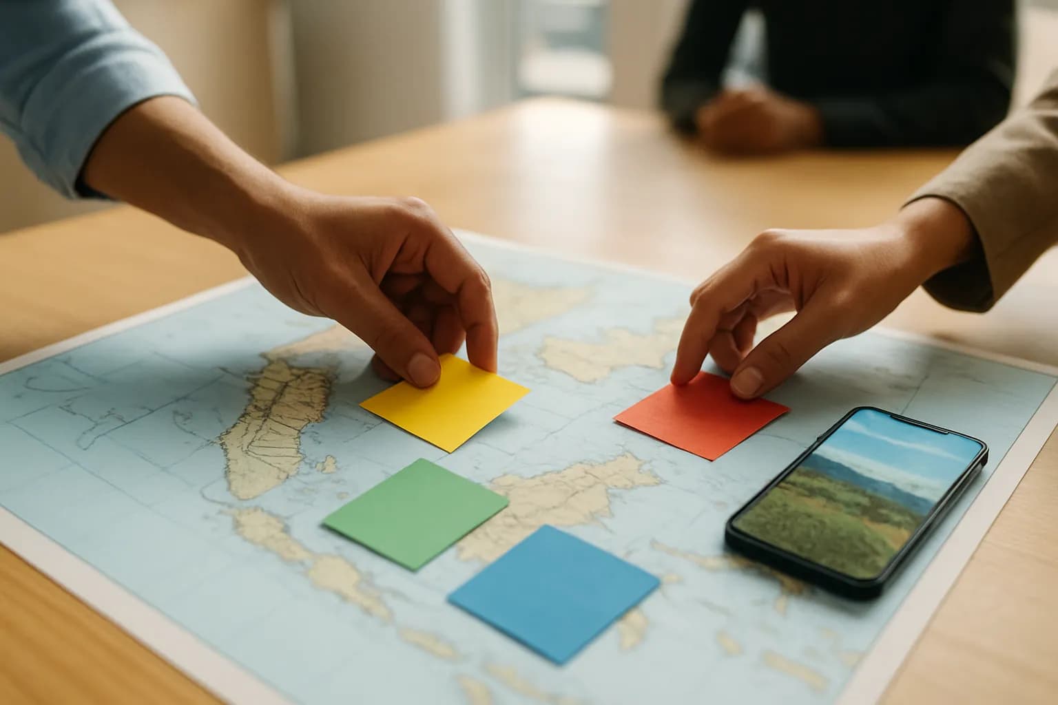 Hands arrange colored cards on a map beside a phone