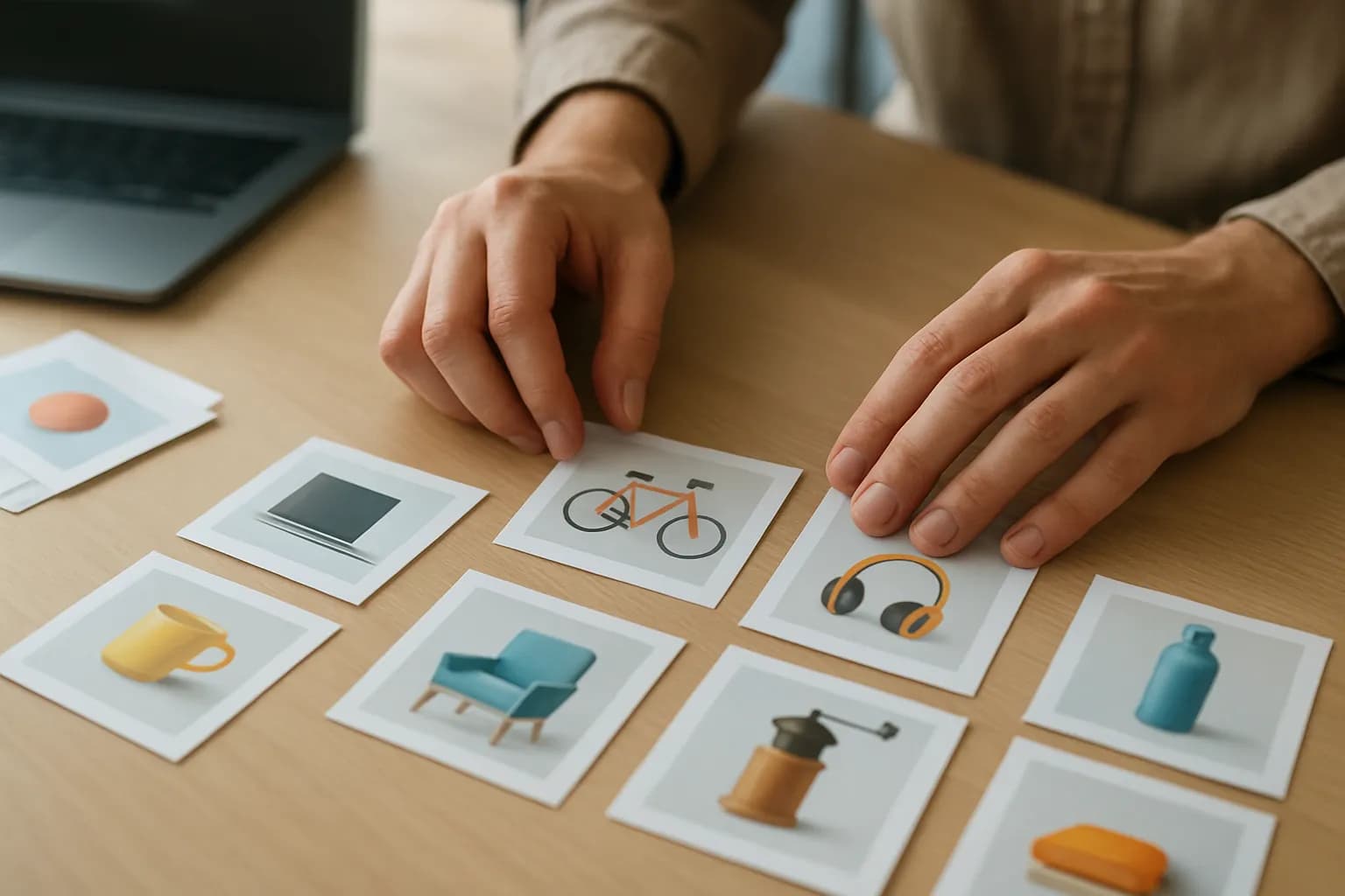 Hands sort product photographs into groups on a daylight-lit worktable