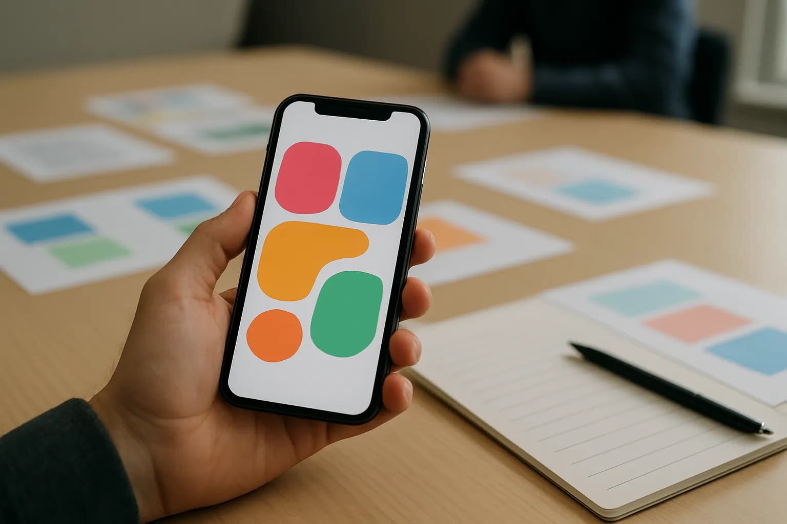 Hand holding a phone beside project notes on a sunlit meeting table
