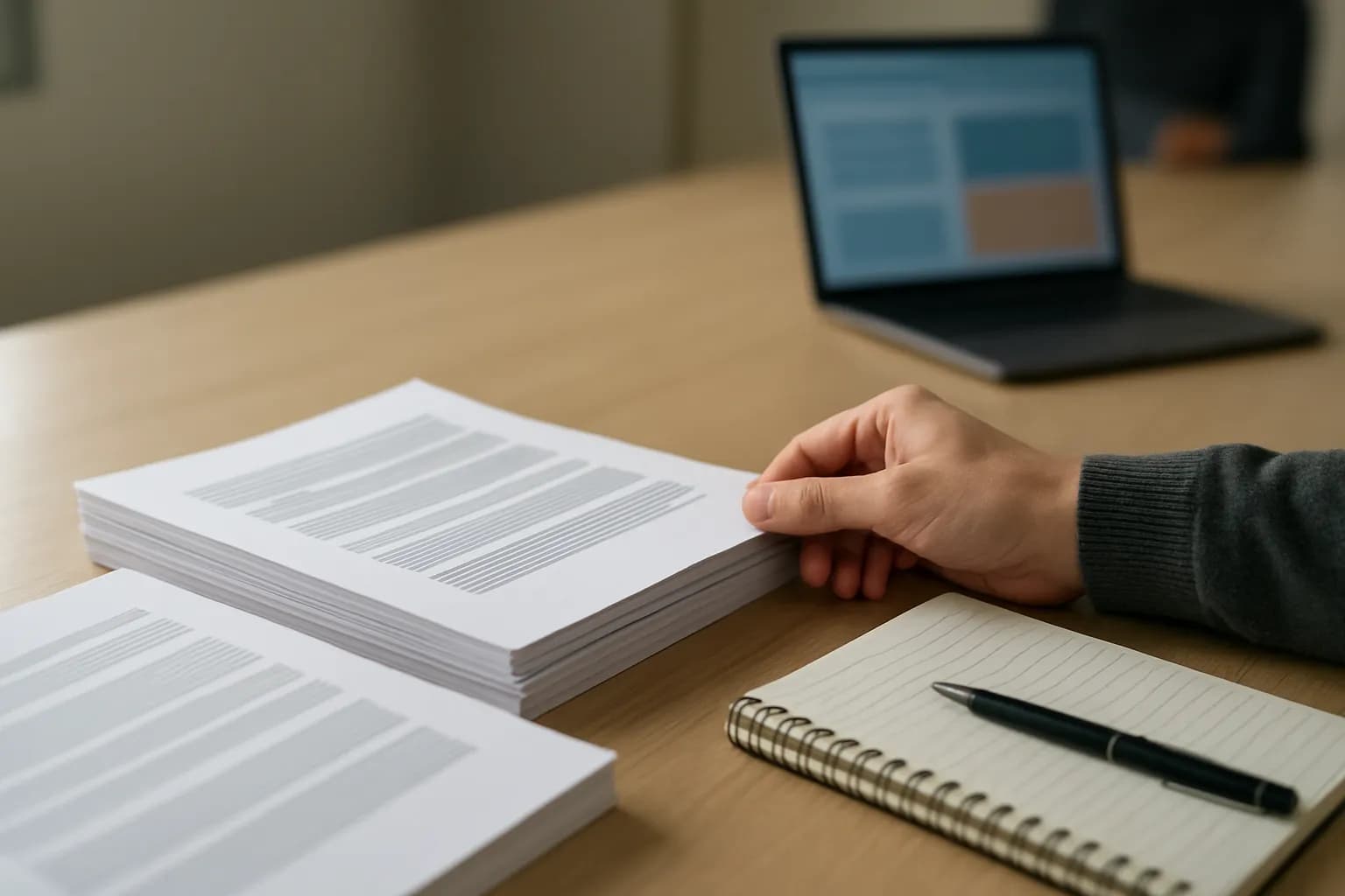 Hand compares two stacks of draft pages on a meeting room table
