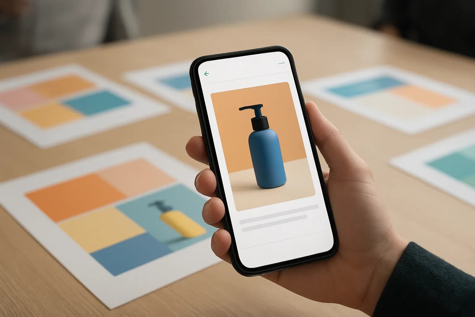 Hand holding a phone beside printed product campaign layouts on a meeting table