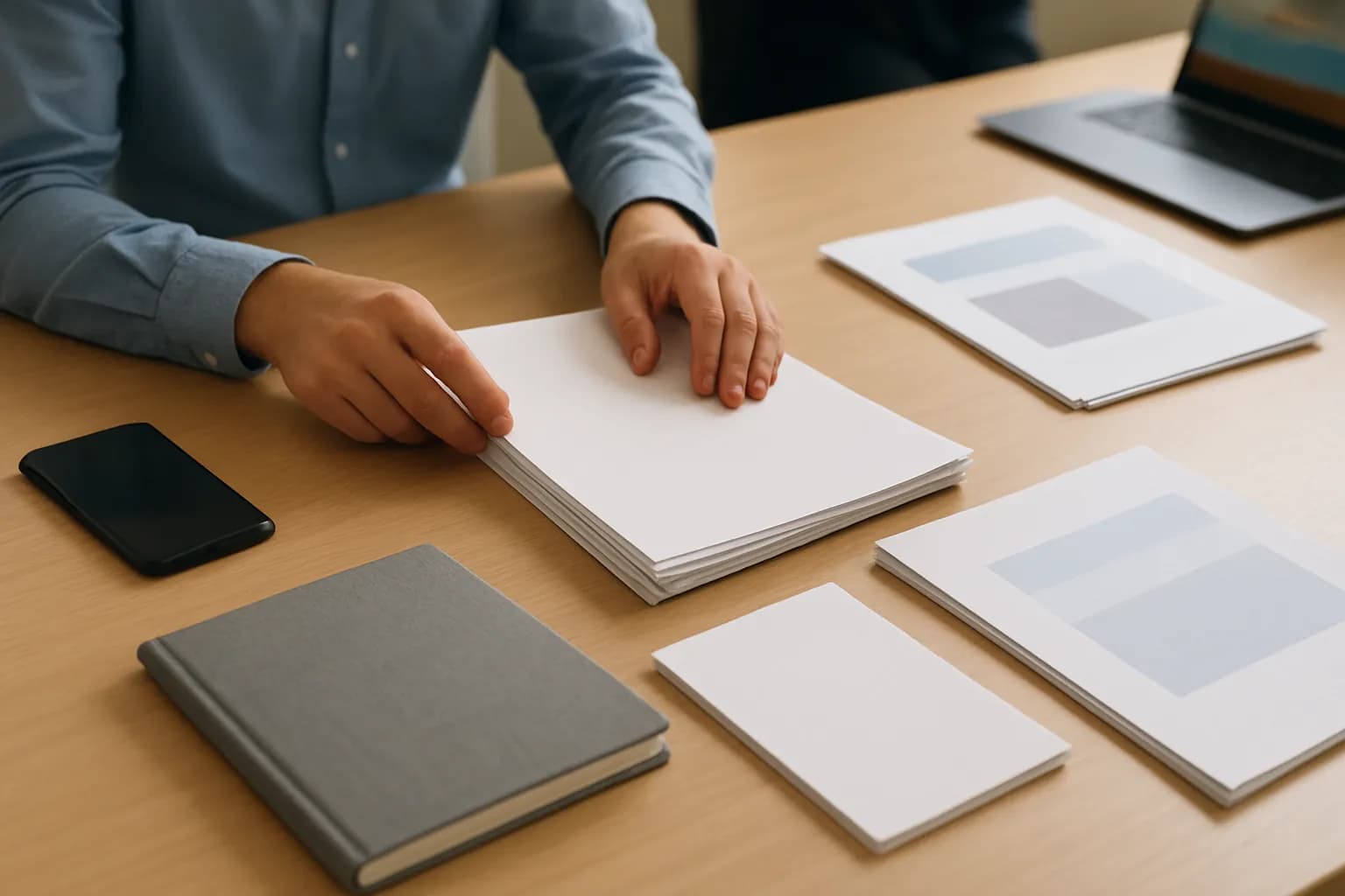 Hand sorting papers beside a notebook and phone in a meeting room