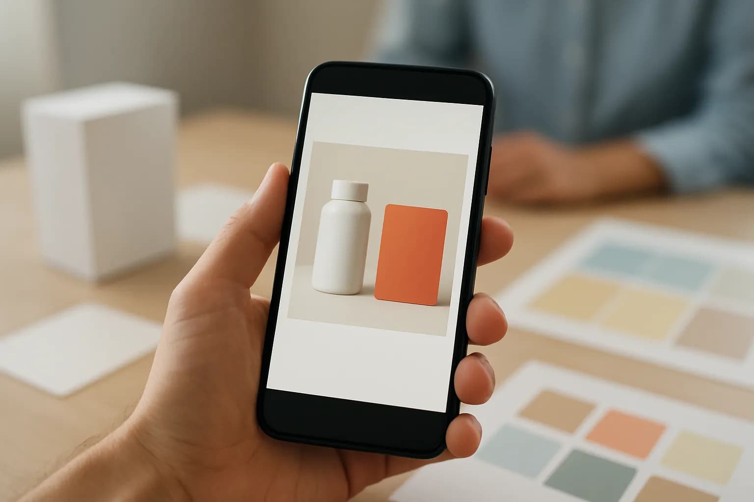 Phone showing a product image beside a promotional tile above packaging samples