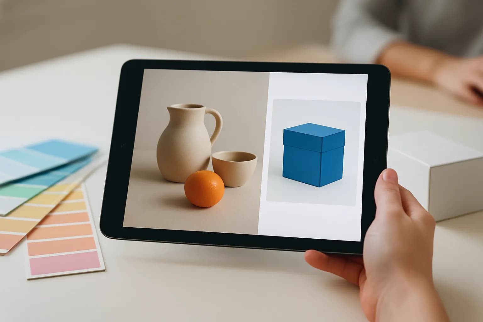 Tablet showing a still life apart from a sponsored product image