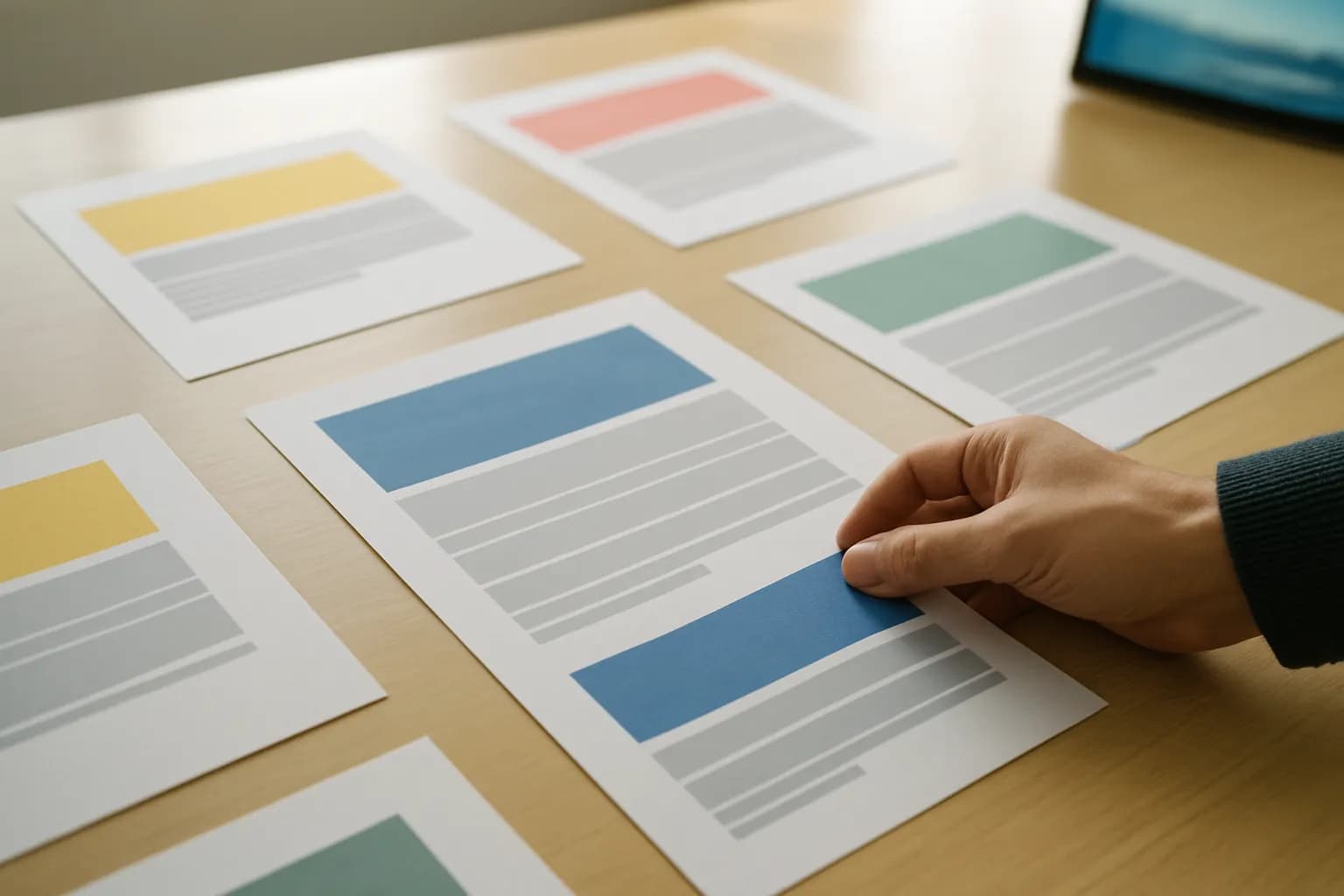 Hand arranges matching prompt drafts with different coloured inserts on a table