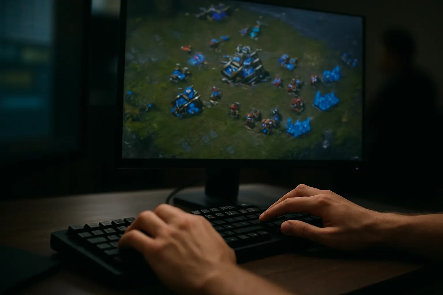 Hands at a keyboard beside a screen showing a strategy game landscape
