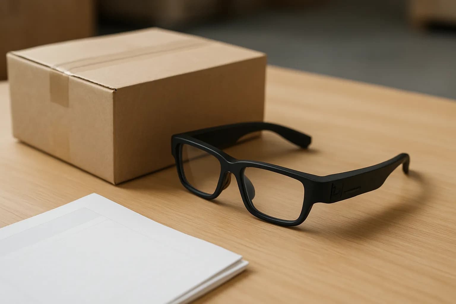Smart glasses beside a parcel and inventory sheets on a worktable