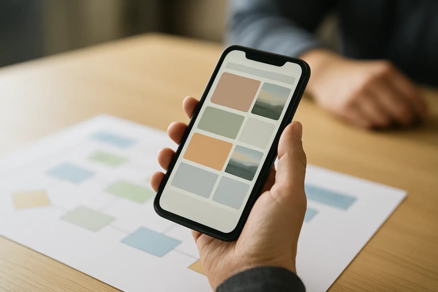 Hand holding a phone beside a printed workflow chart on a meeting table