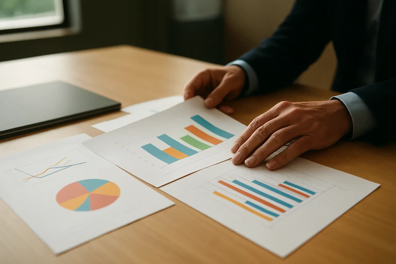 Hands sorting printed charts and a closed folder in a meeting room