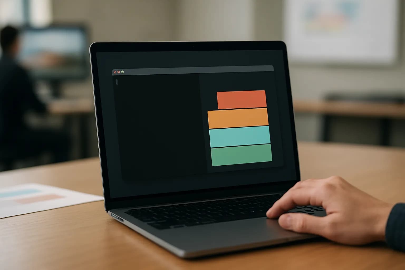 Mac showing a command line window and storage chart on an office table