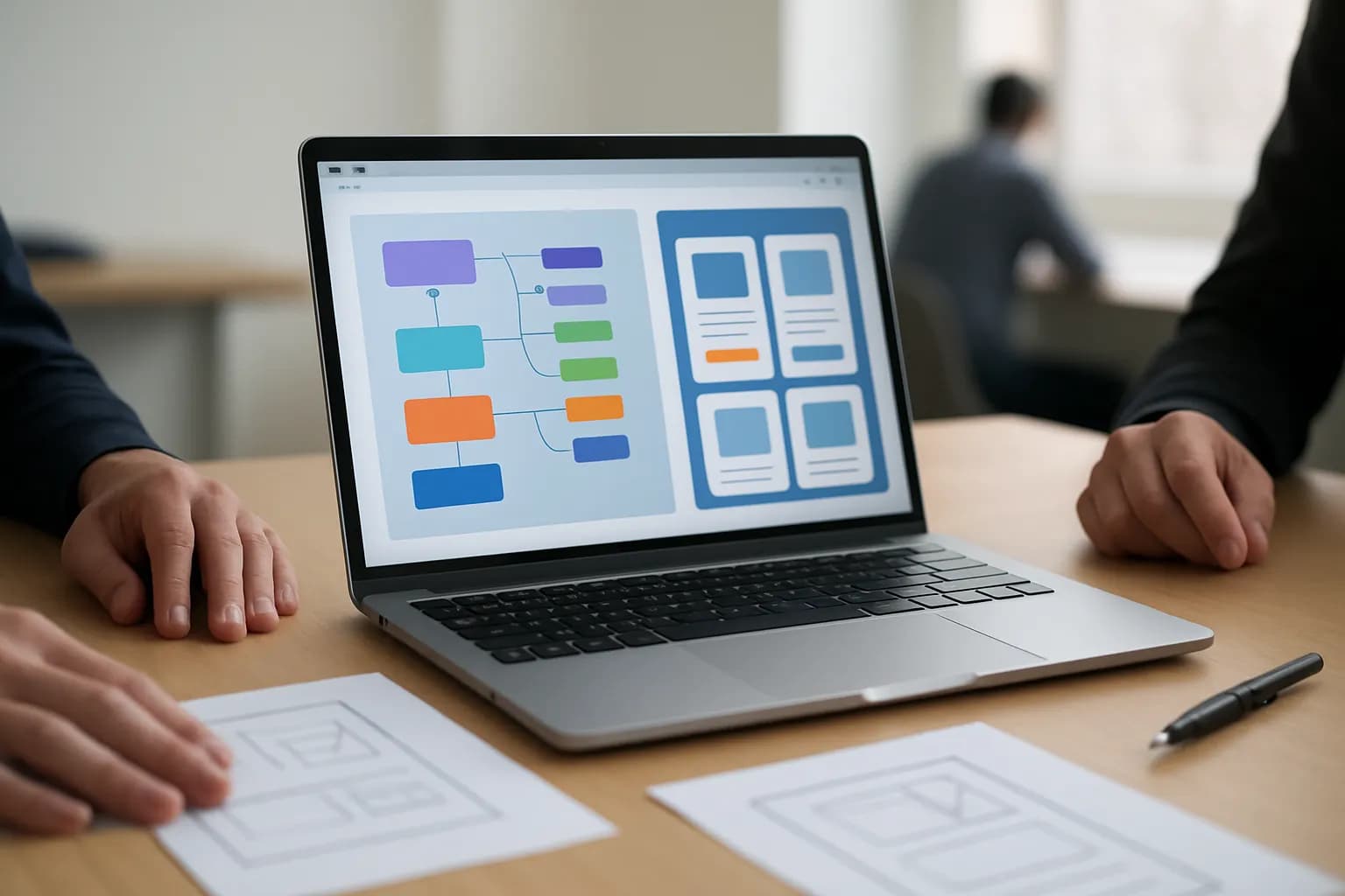 Hands beside an app builder, paper wireframes and a pen