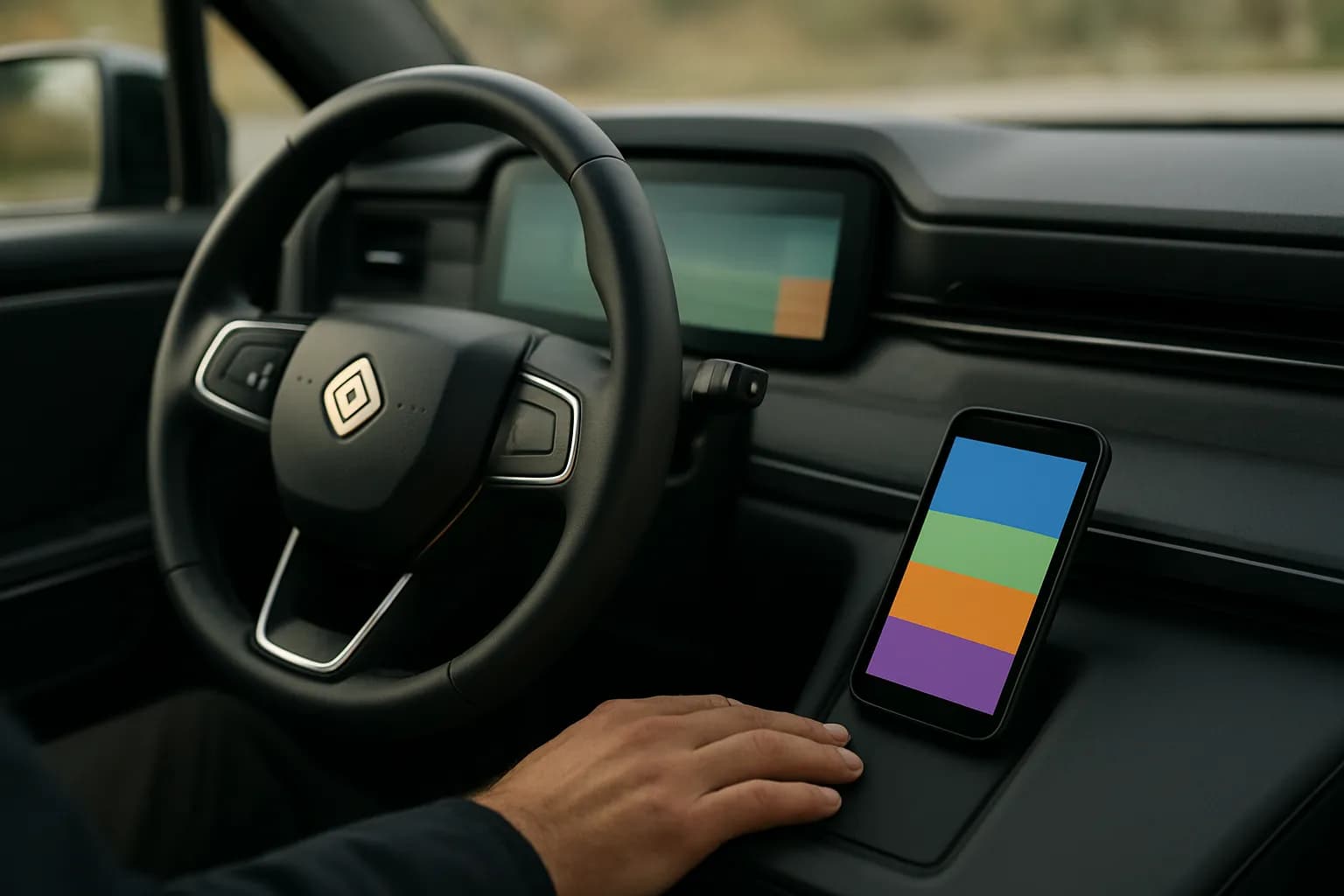 Hand near steering wheel with phone in parked vehicle cabin