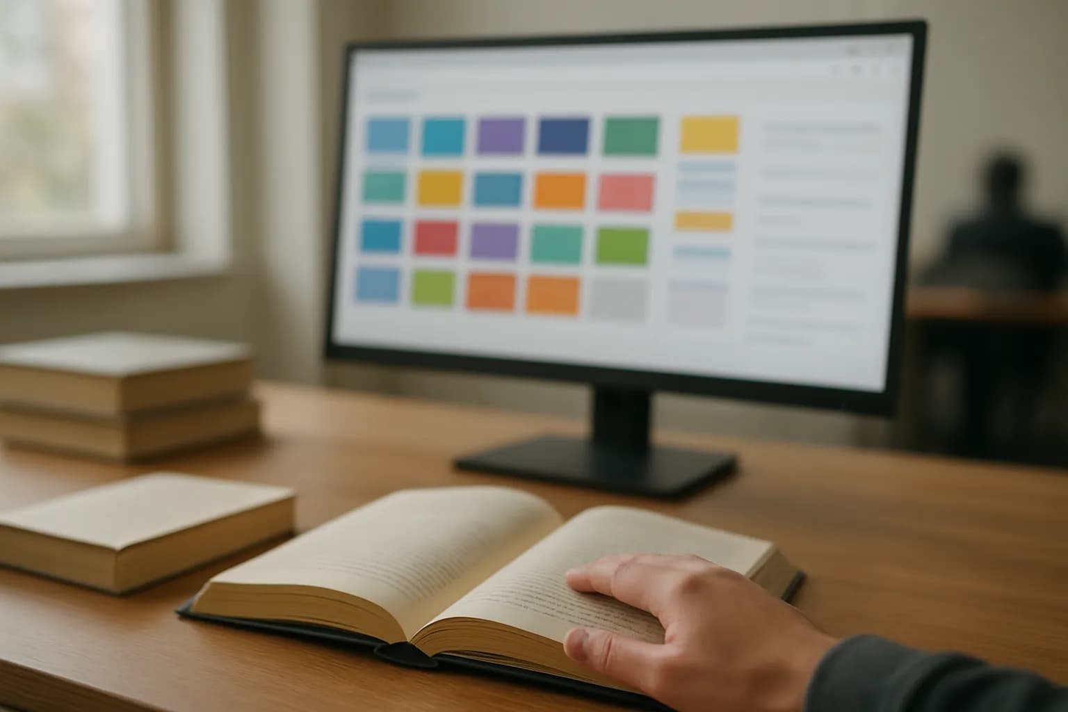 Office research table with books and a screen of colourful article tiles