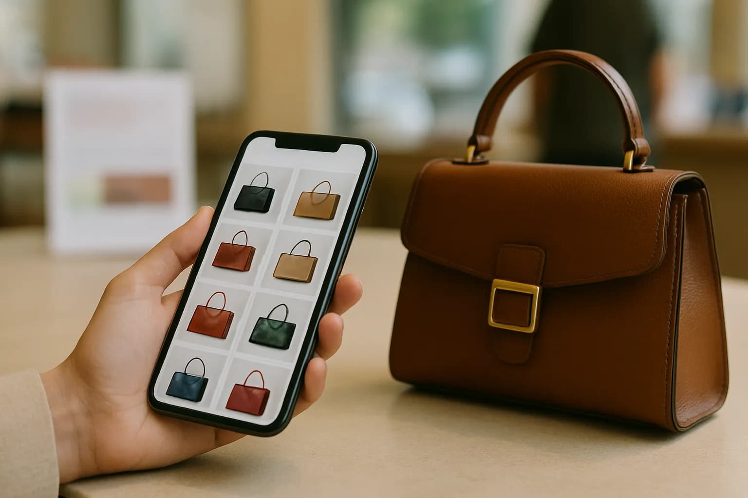 Hand holding a phone with handbag listings beside a leather bag