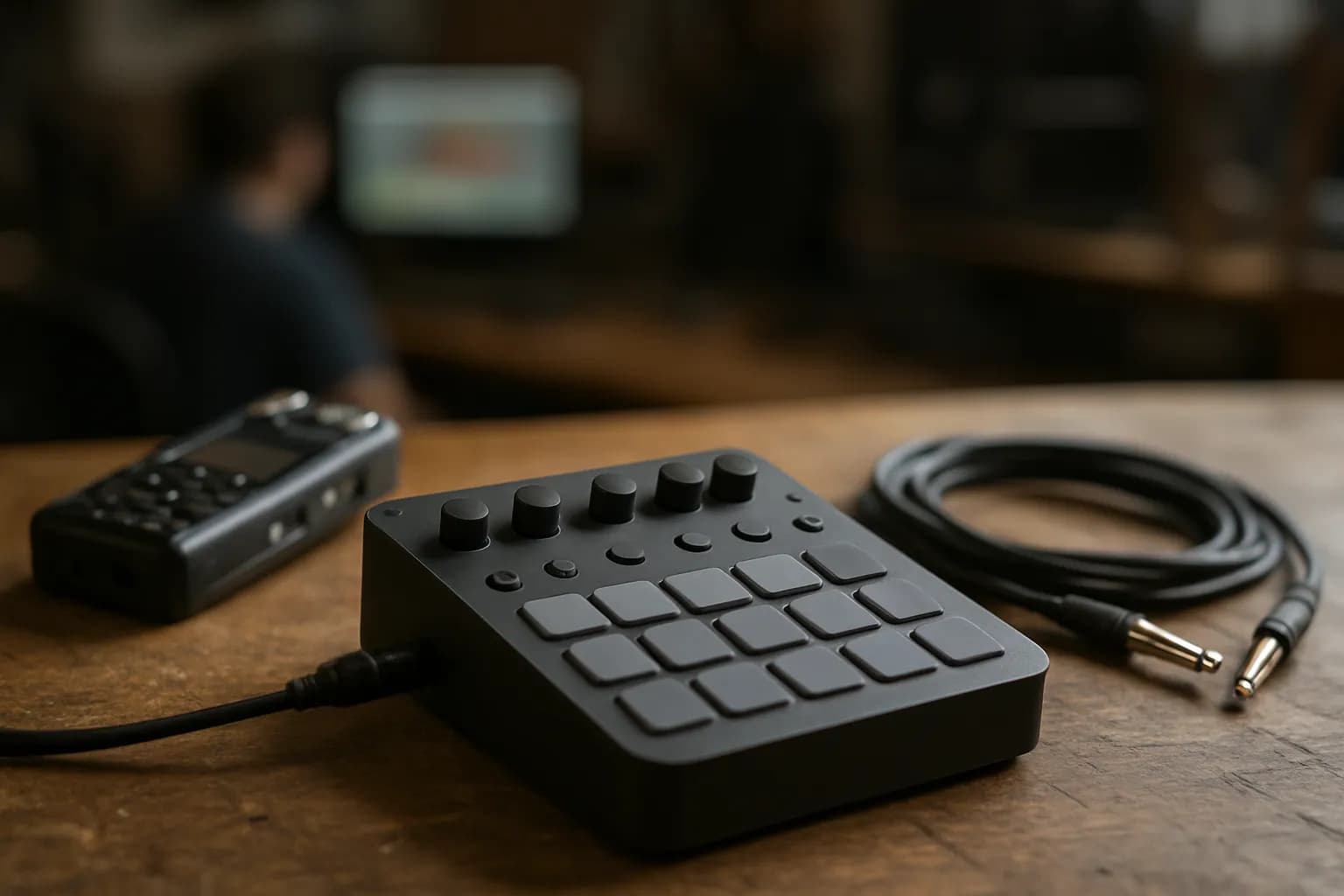 Compact music sampler beside a field recorder and cables on a worktable