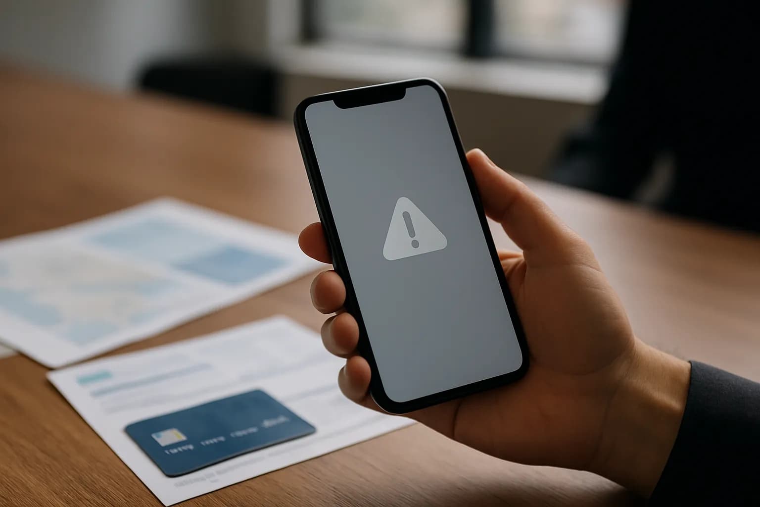 Hand holding a phone beside travel papers and a payment card