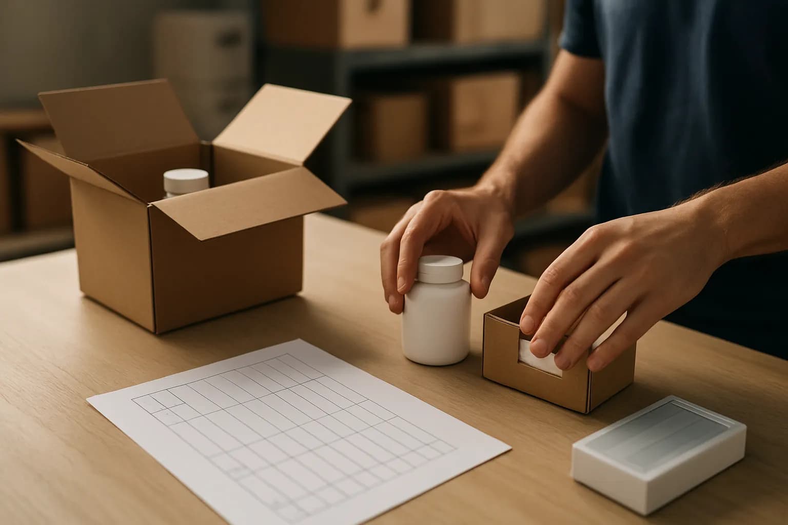 Hands sort products beside cartons and a row-based packing checklist