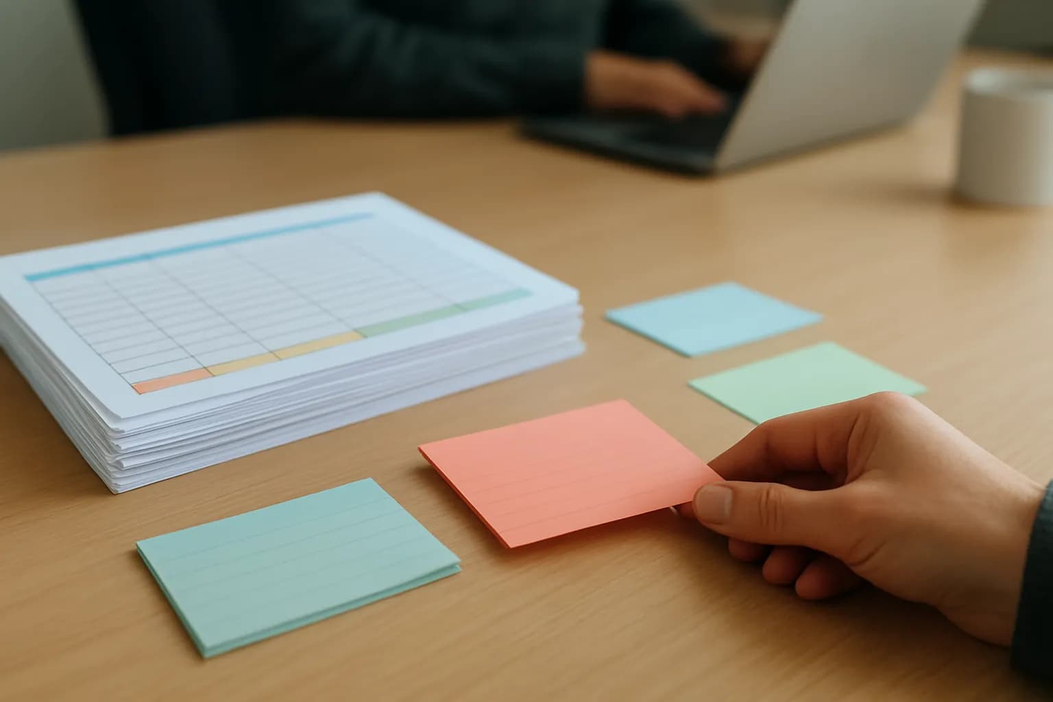 Hand sorts contact printouts and colored cards on a meeting table.