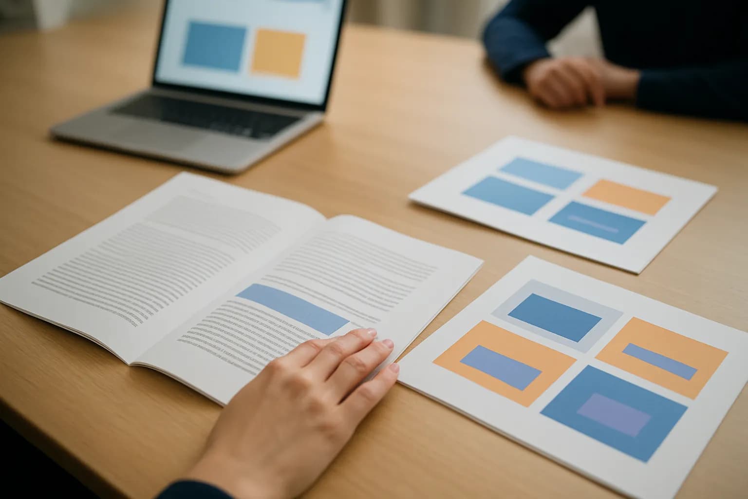 A hand compares a printed document with presentation handouts on a meeting table.