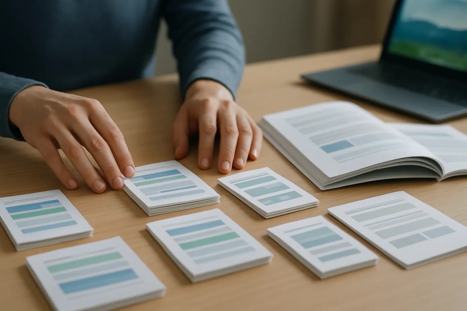 Hands group anonymised support summaries beside an open product manual.