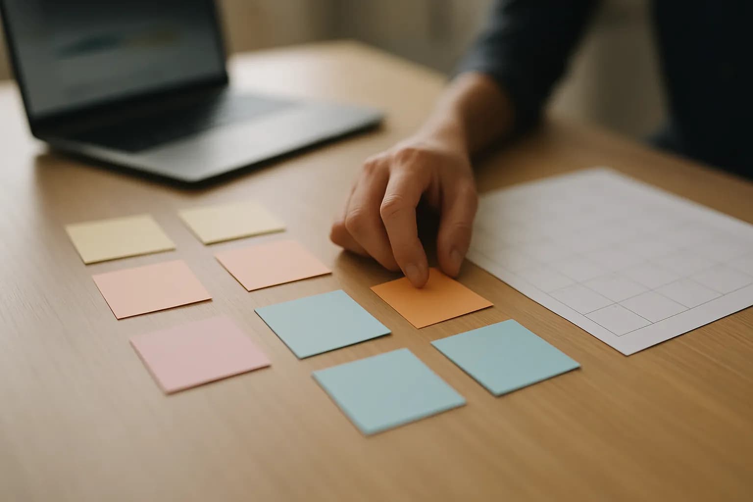 Hand sorts coloured task cards beside a calendar on a meeting table