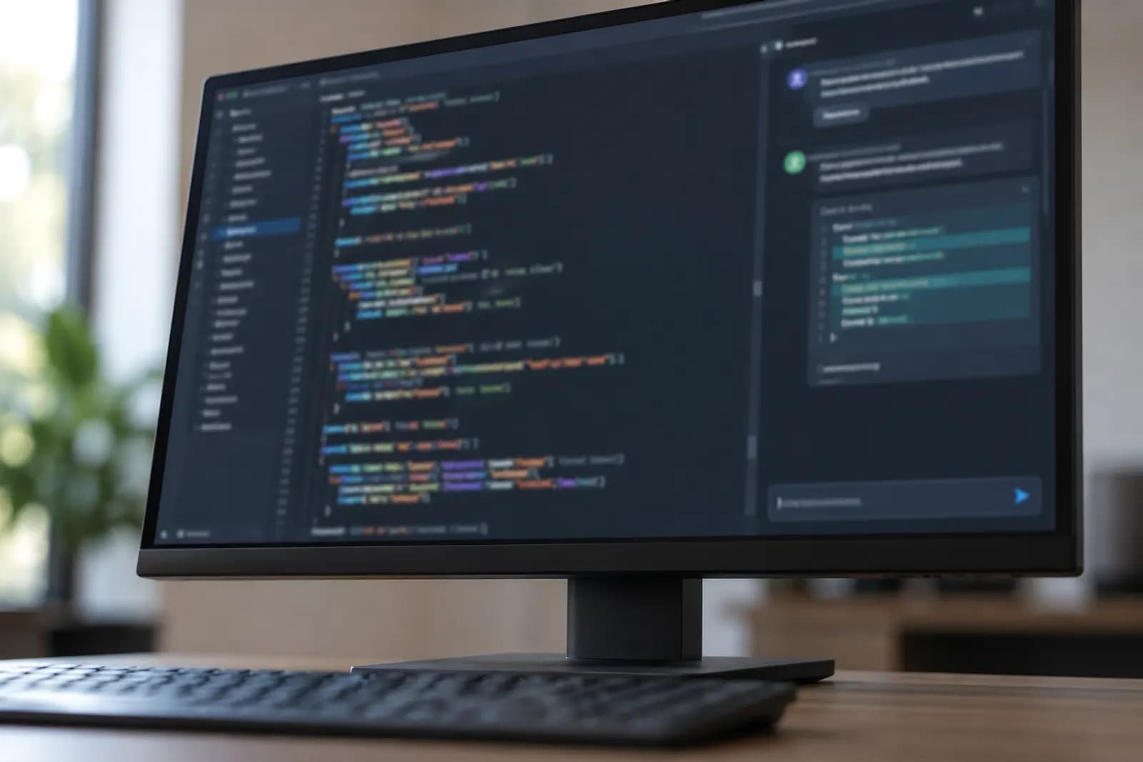 A monitor showing a code editor with an AI assistant suggesting code