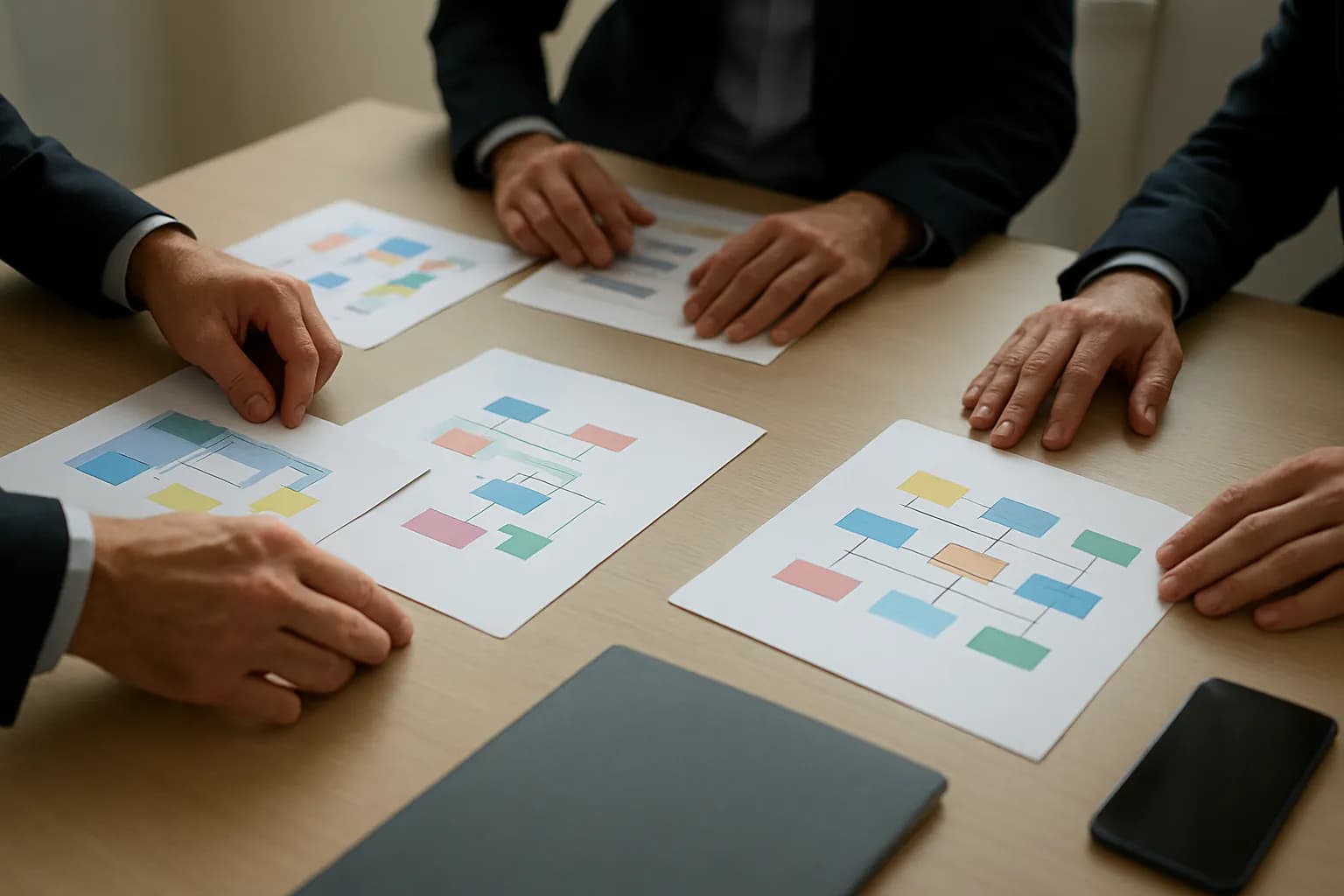 Hands review printed system diagrams beside a folder in a meeting room