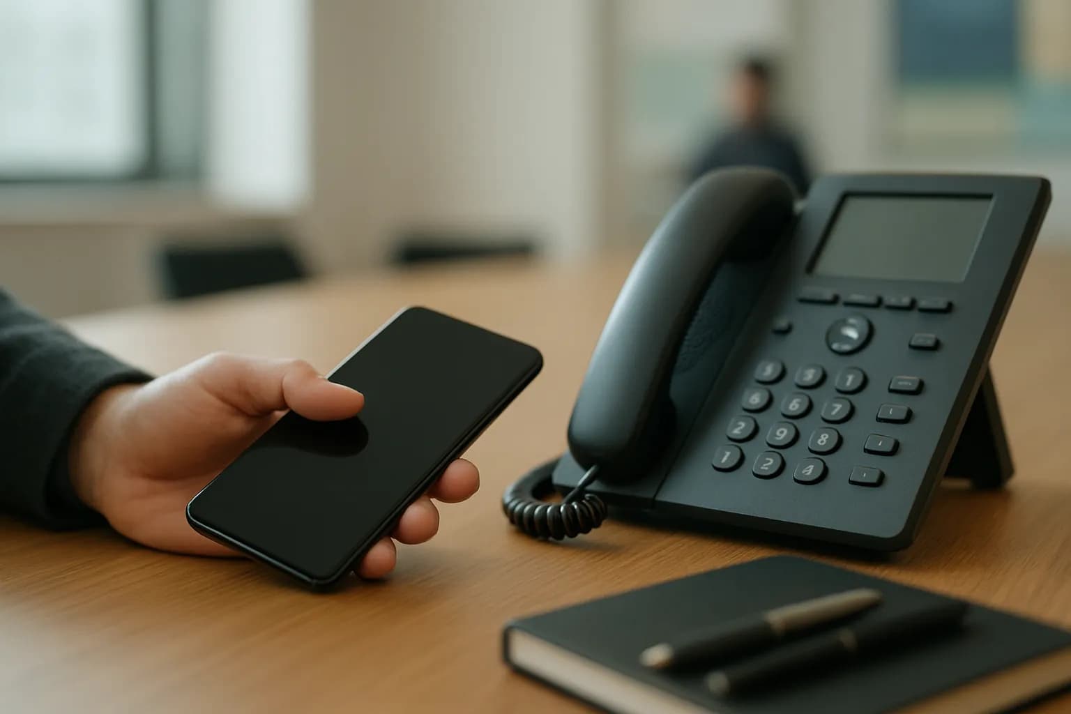 Hand holding a smartphone beside an office phone on a meeting table
