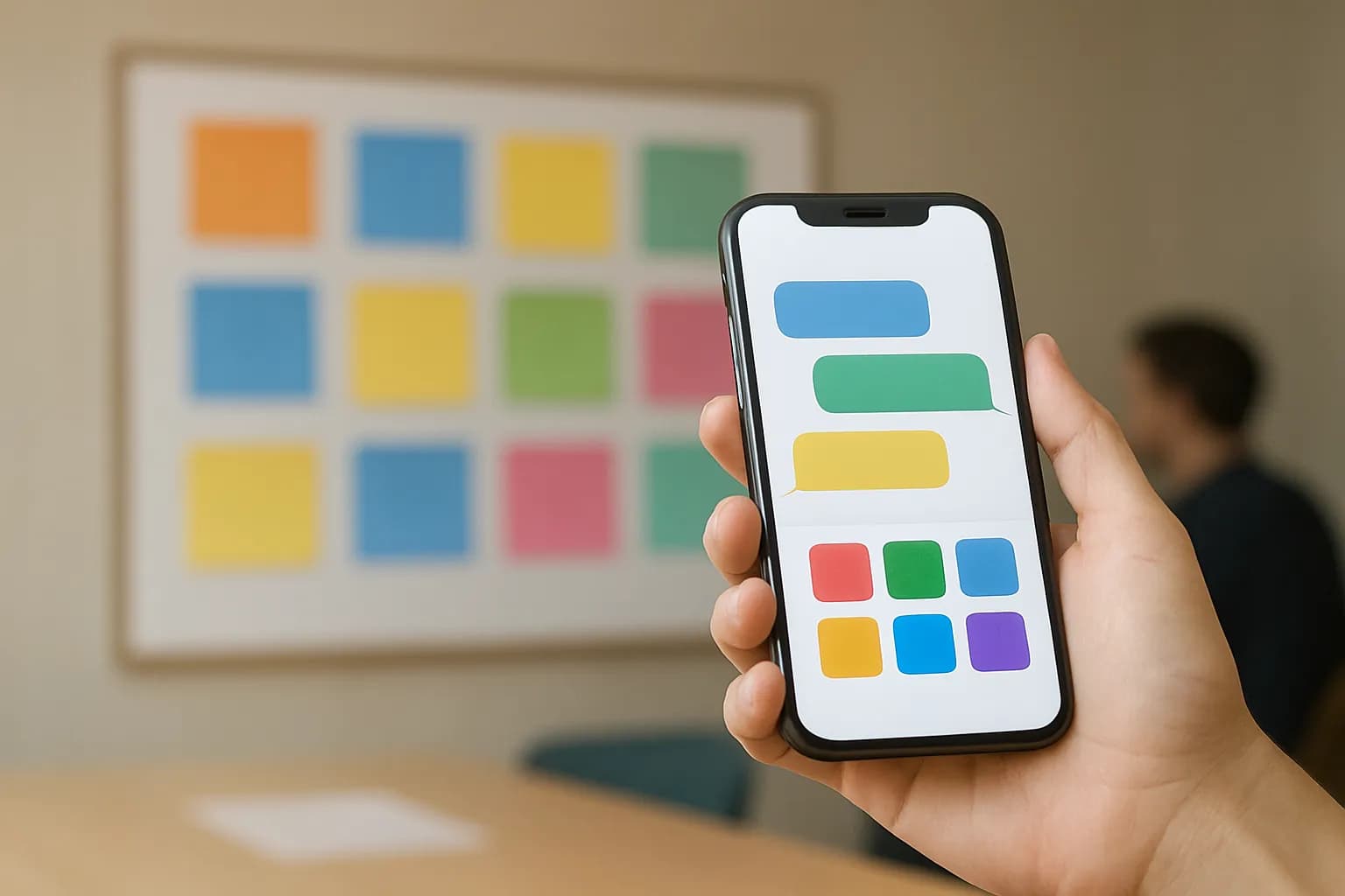 Hand holding a chat screen beside a coloured project board