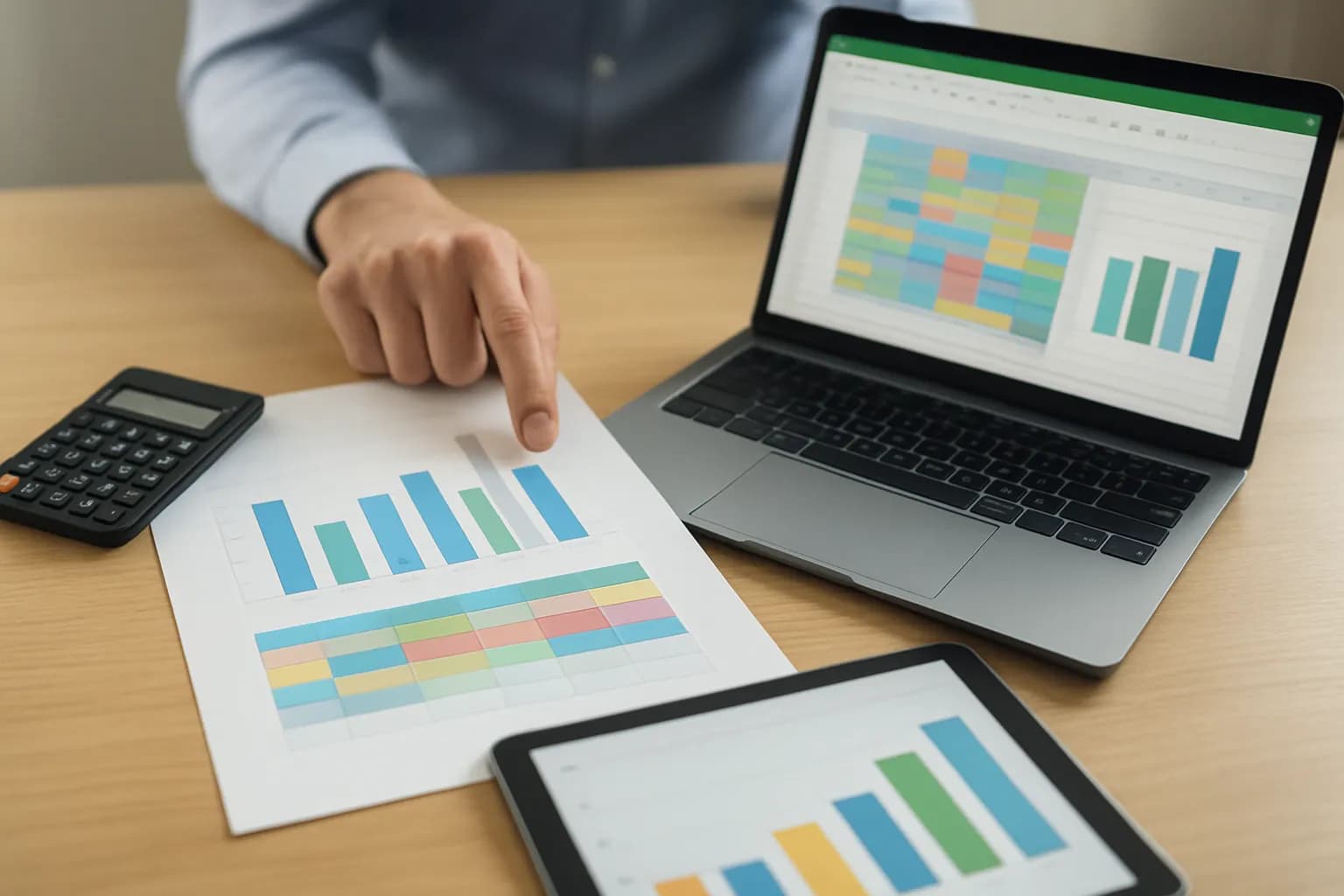 Hand compares a printed financial chart with a spreadsheet on a tablet