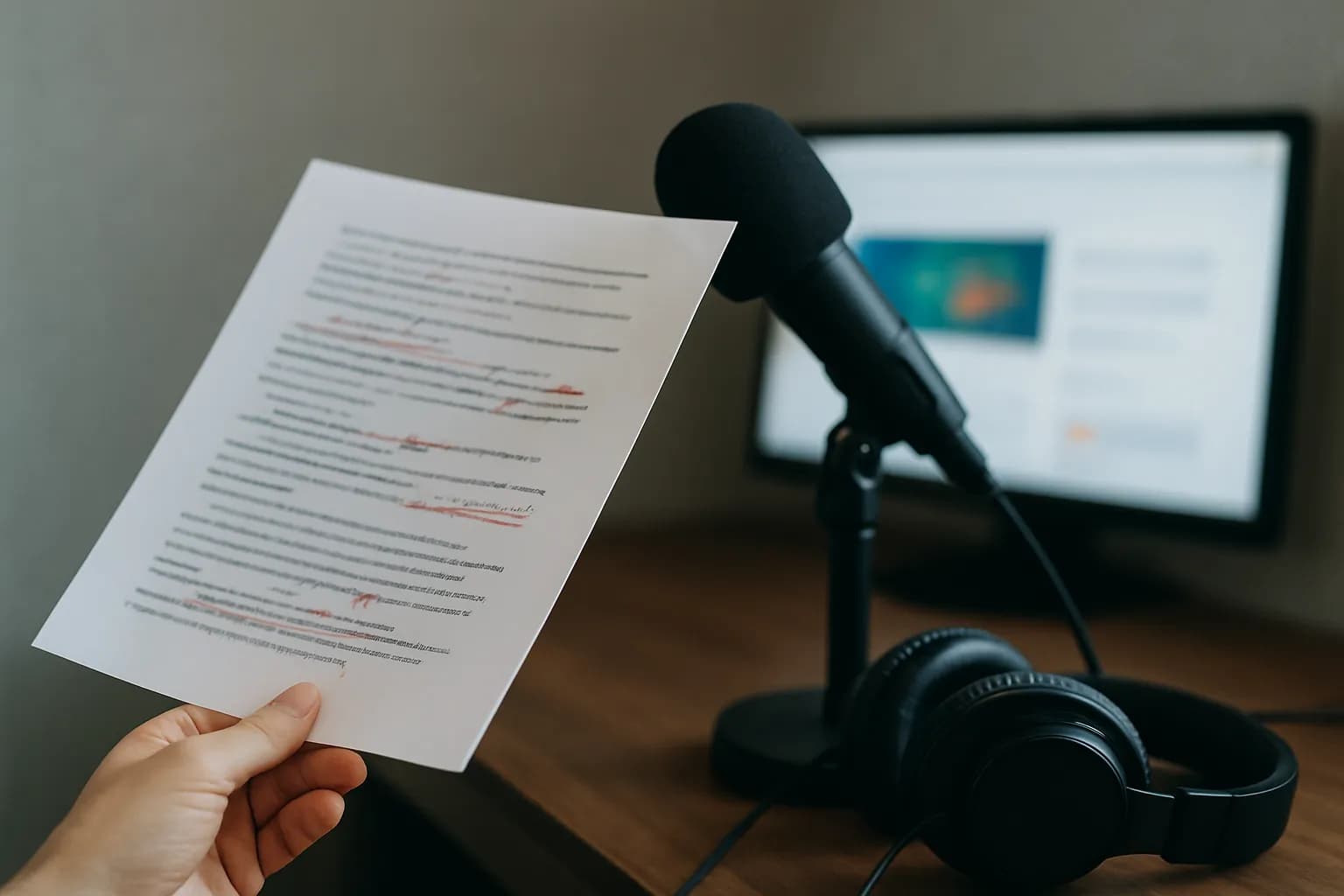 Hand holding a marked-up script beside a microphone and headphones