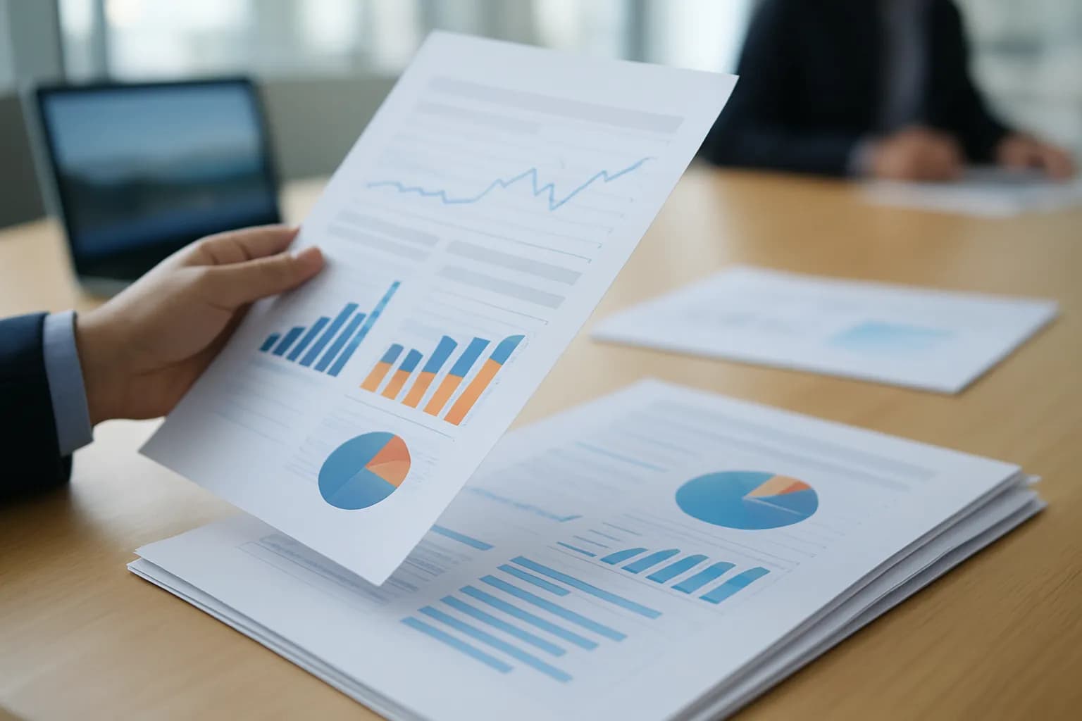Hand comparing printed charts and documents on a sunlit meeting table