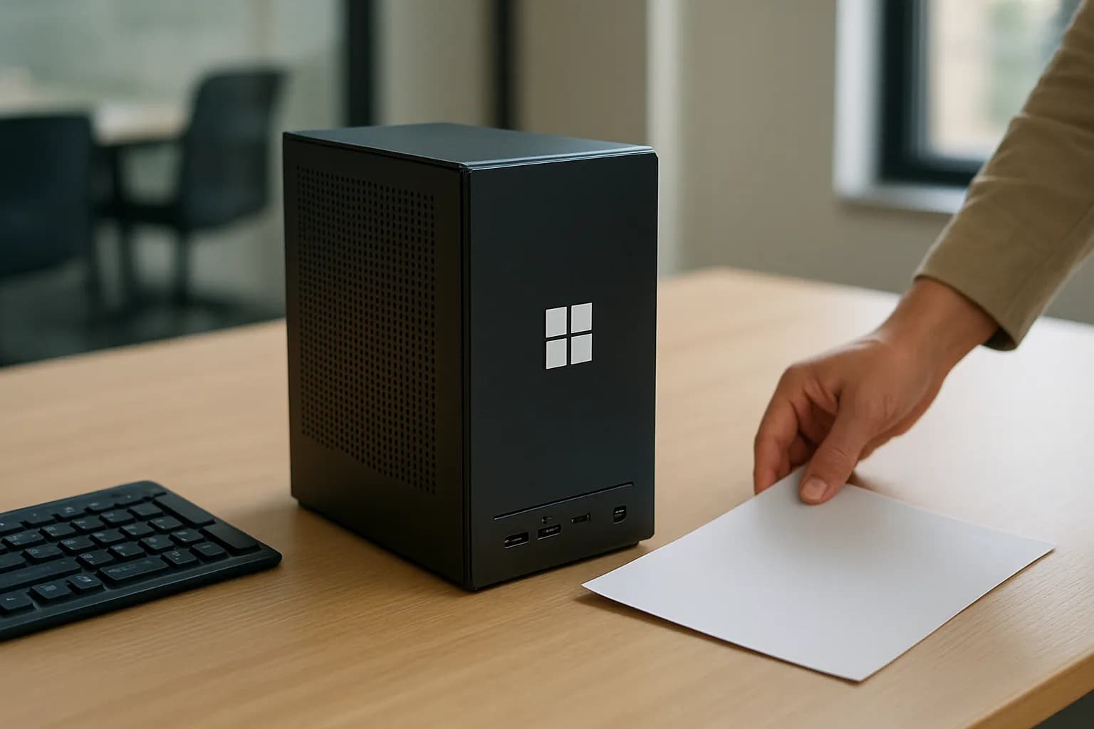 Compact office PC beside a keyboard and folder in daylight