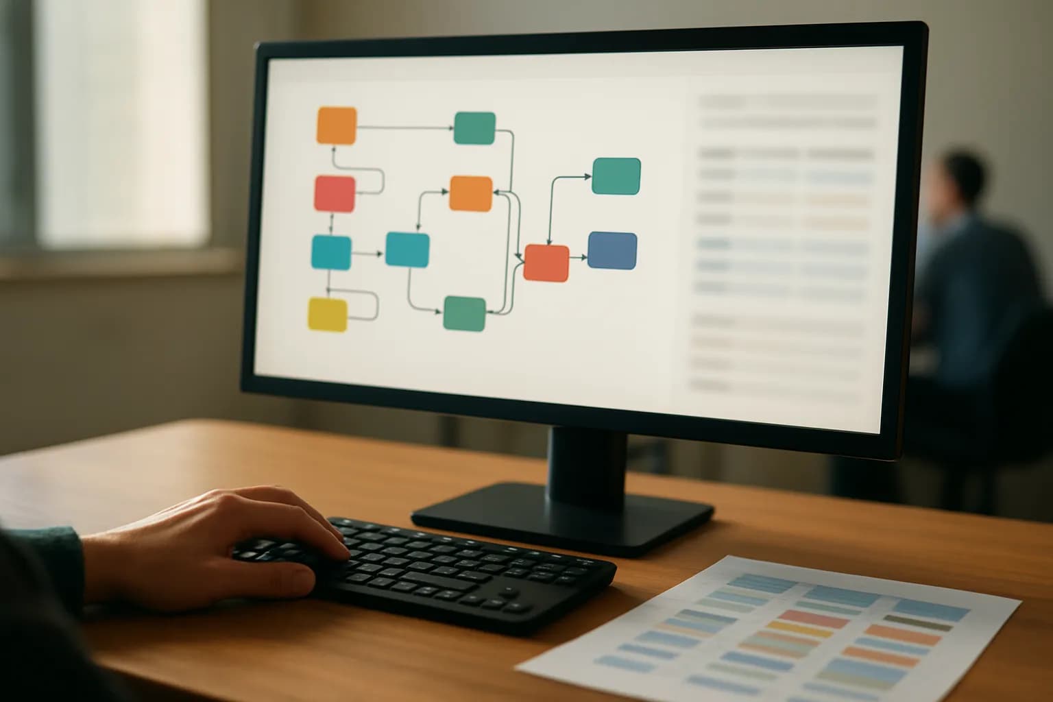 Connected workflow blocks and report rows on a small office monitor