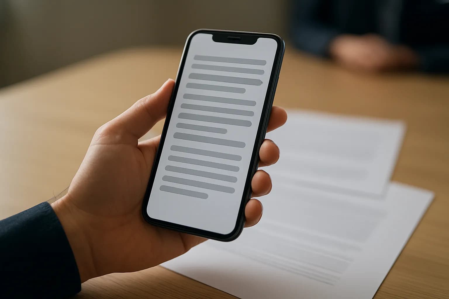 Hand holding a phone above draft papers on a sunlit meeting table