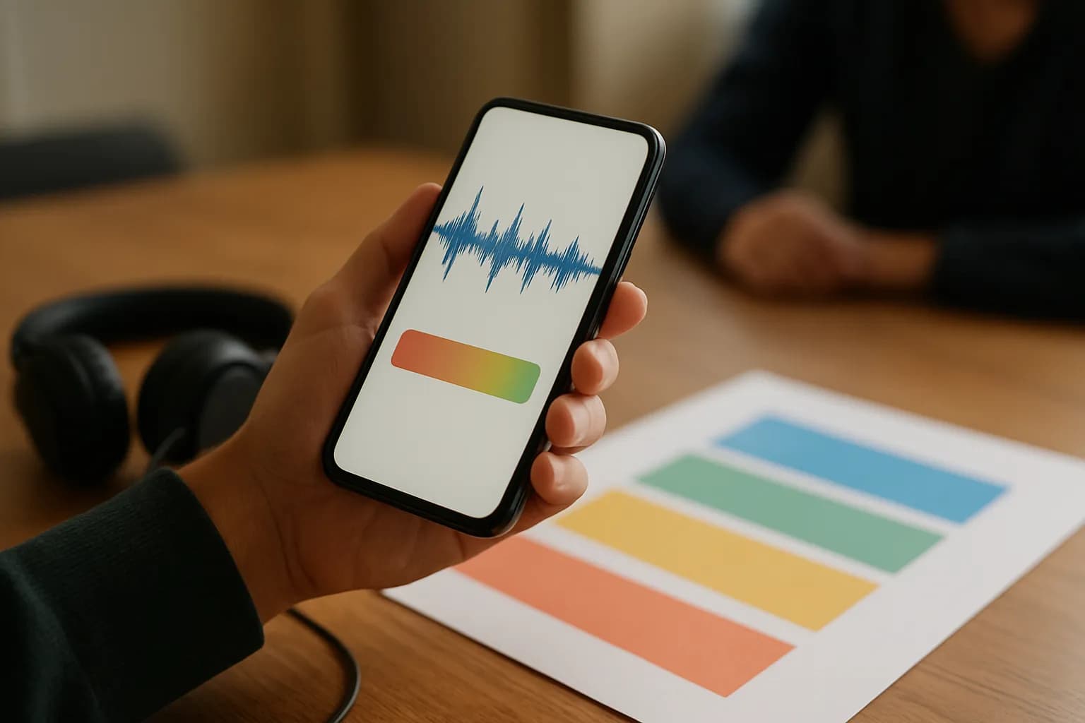 Hand holding a phone with an audio waveform beside headphones