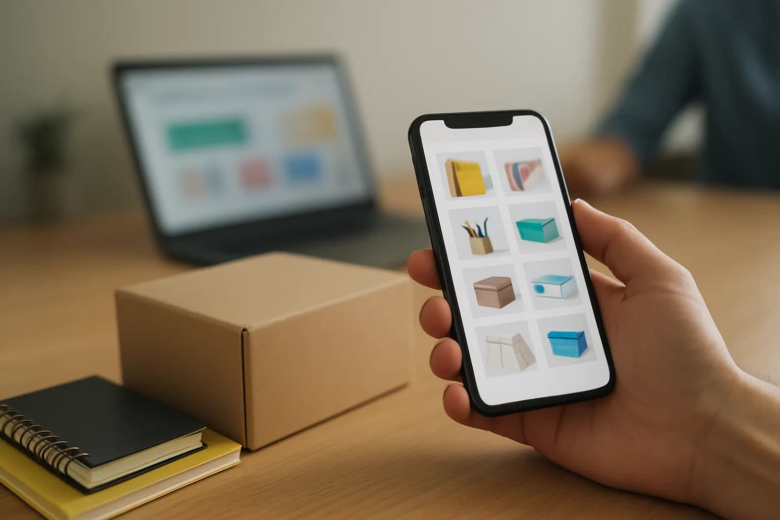 Hand holds phone beside office supplies and parcel on workroom table